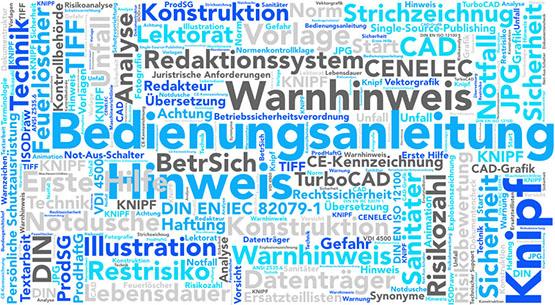 Wortwolke mit Schlüsselbegriffen der Technischen Dokumentation und Grafik, die das umfangreiche Leistungsspektrum von KNIPF veranschaulicht.